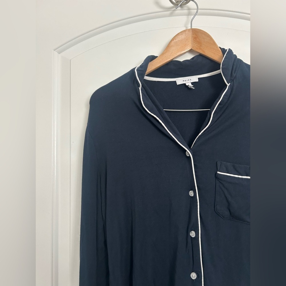 Reiss Blue Button-Up Shirt with White Trim Panama top size small cozy comfy - Picture 4 of 8